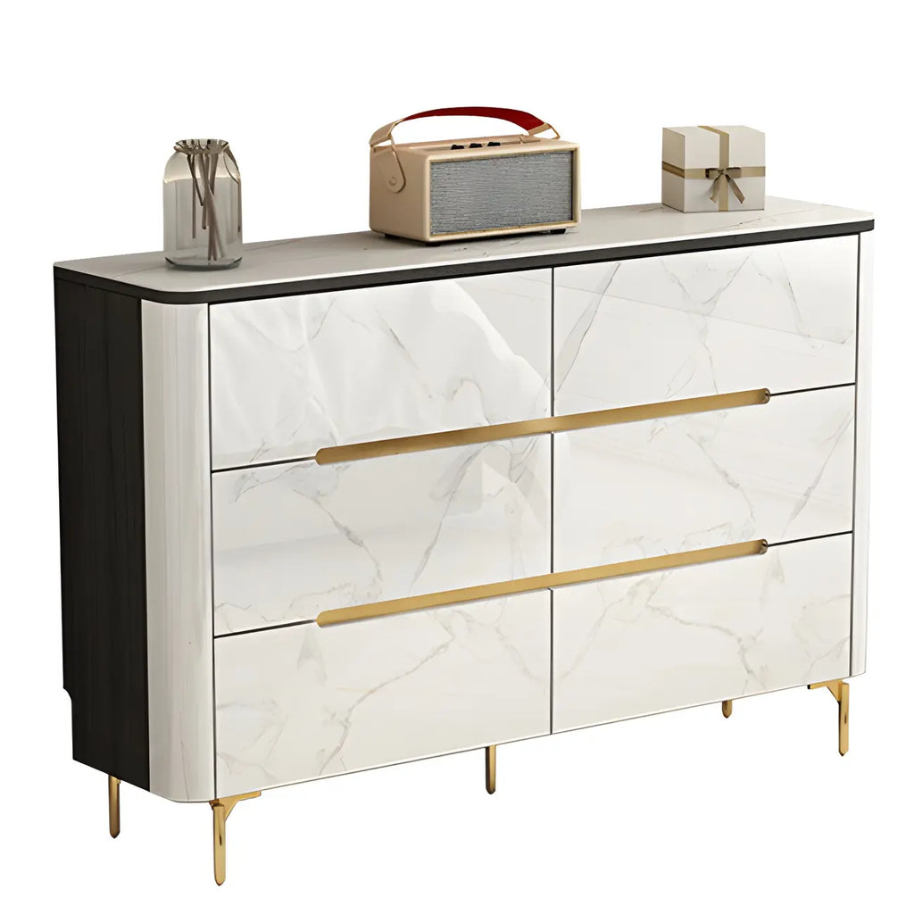 Stylish Mirrored Double Dresser with Stone Top & Metal Legs