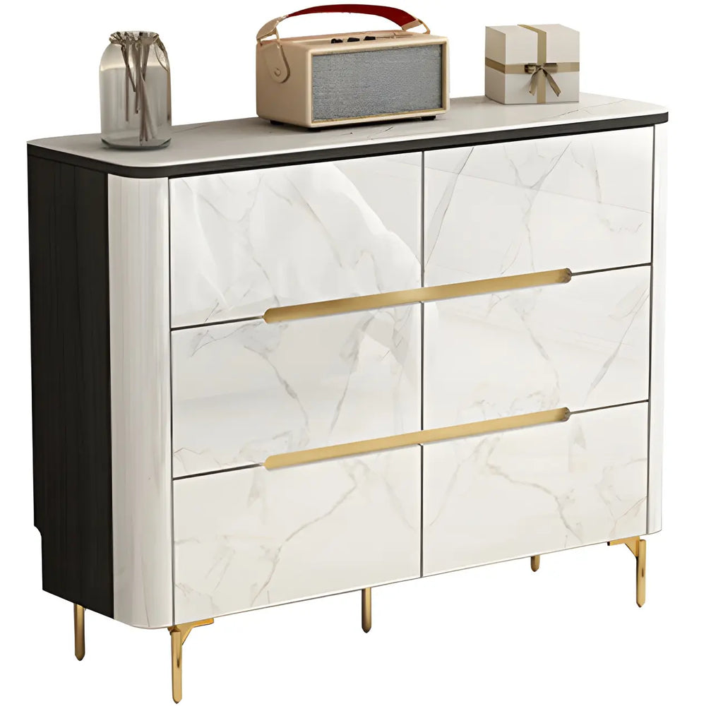 Stylish Mirrored Double Dresser with Stone Top & Metal Legs