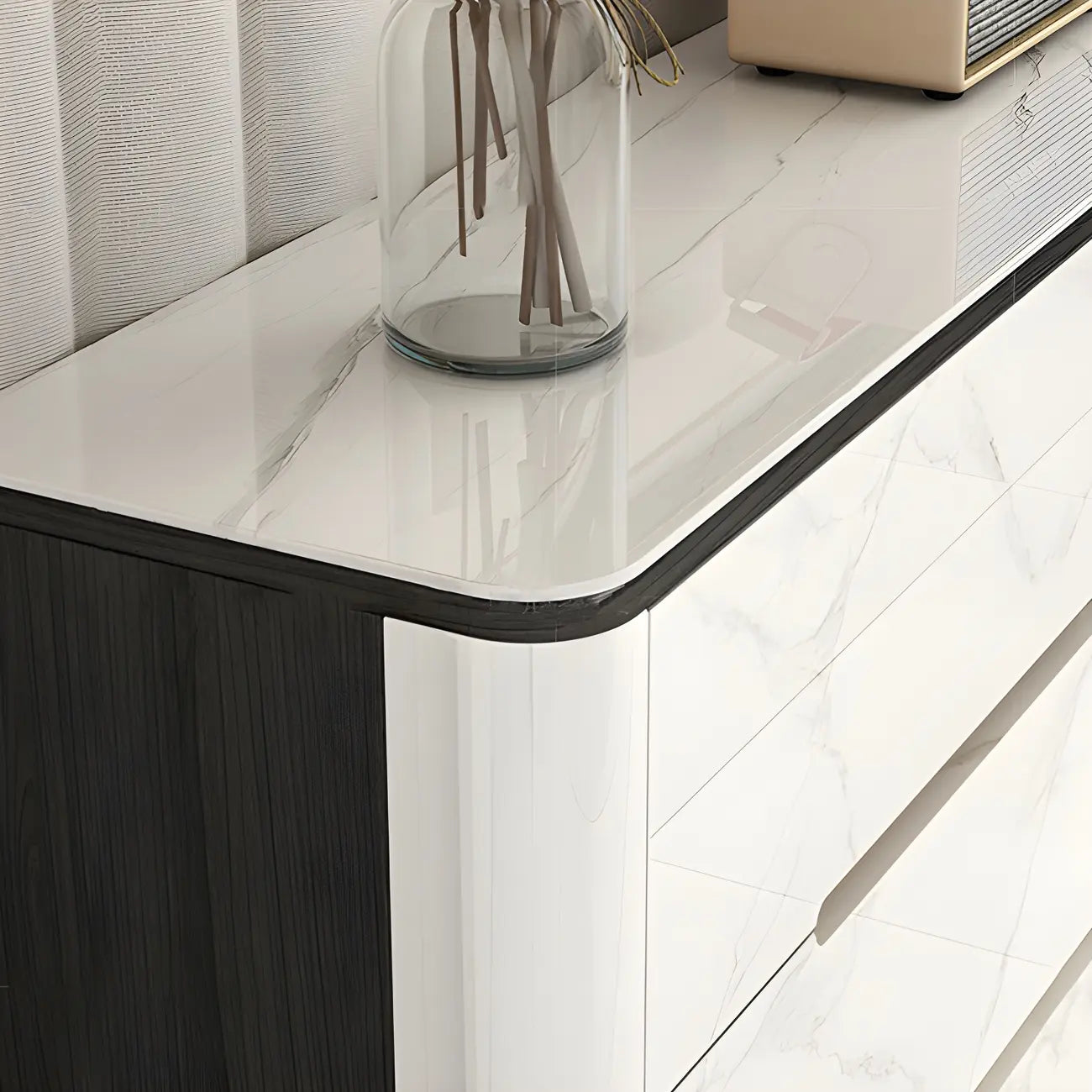 Stylish Mirrored Double Dresser with Stone Top & Metal Legs