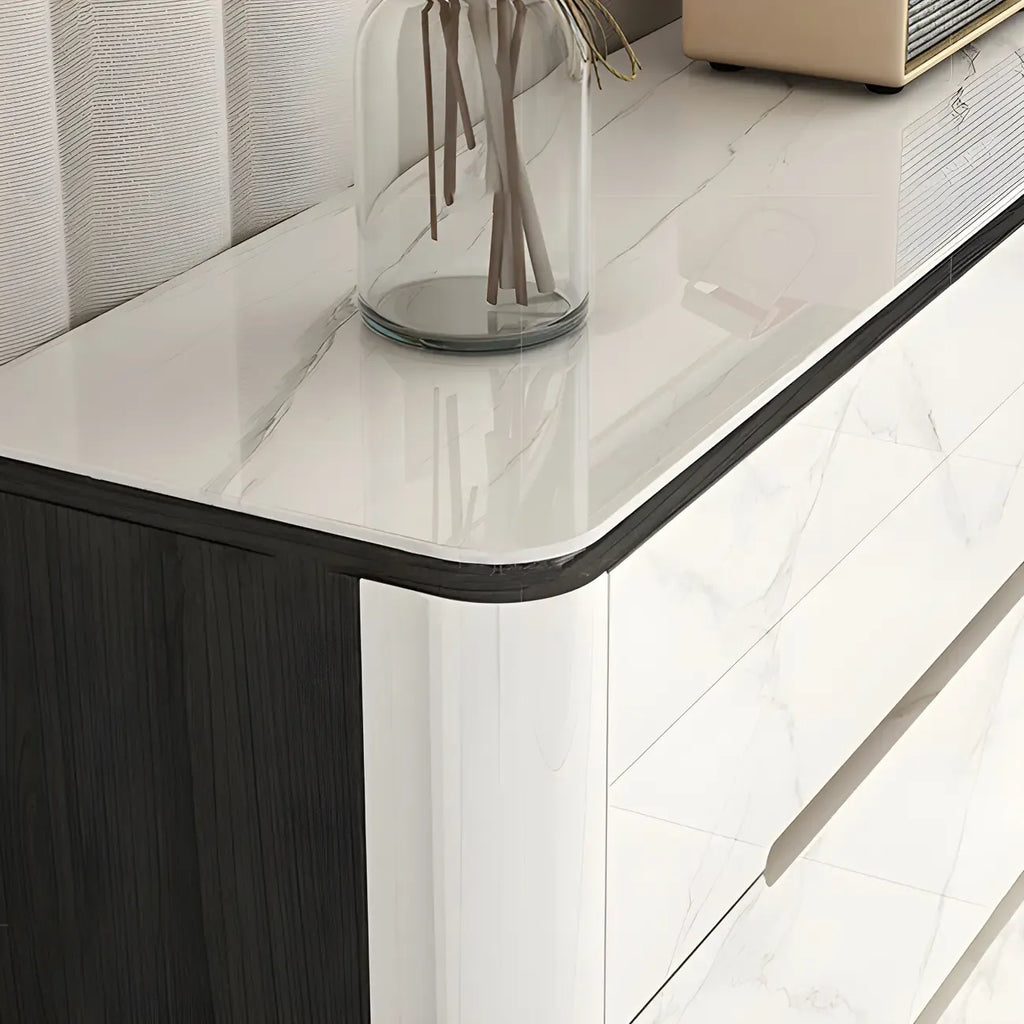 Stylish Mirrored Double Dresser with Stone Top & Metal Legs