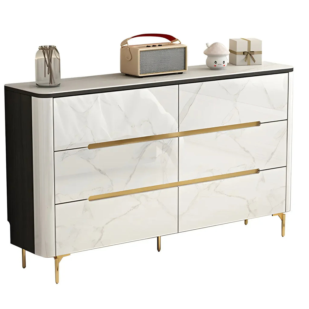 Stylish Mirrored Double Dresser with Stone Top & Metal Legs
