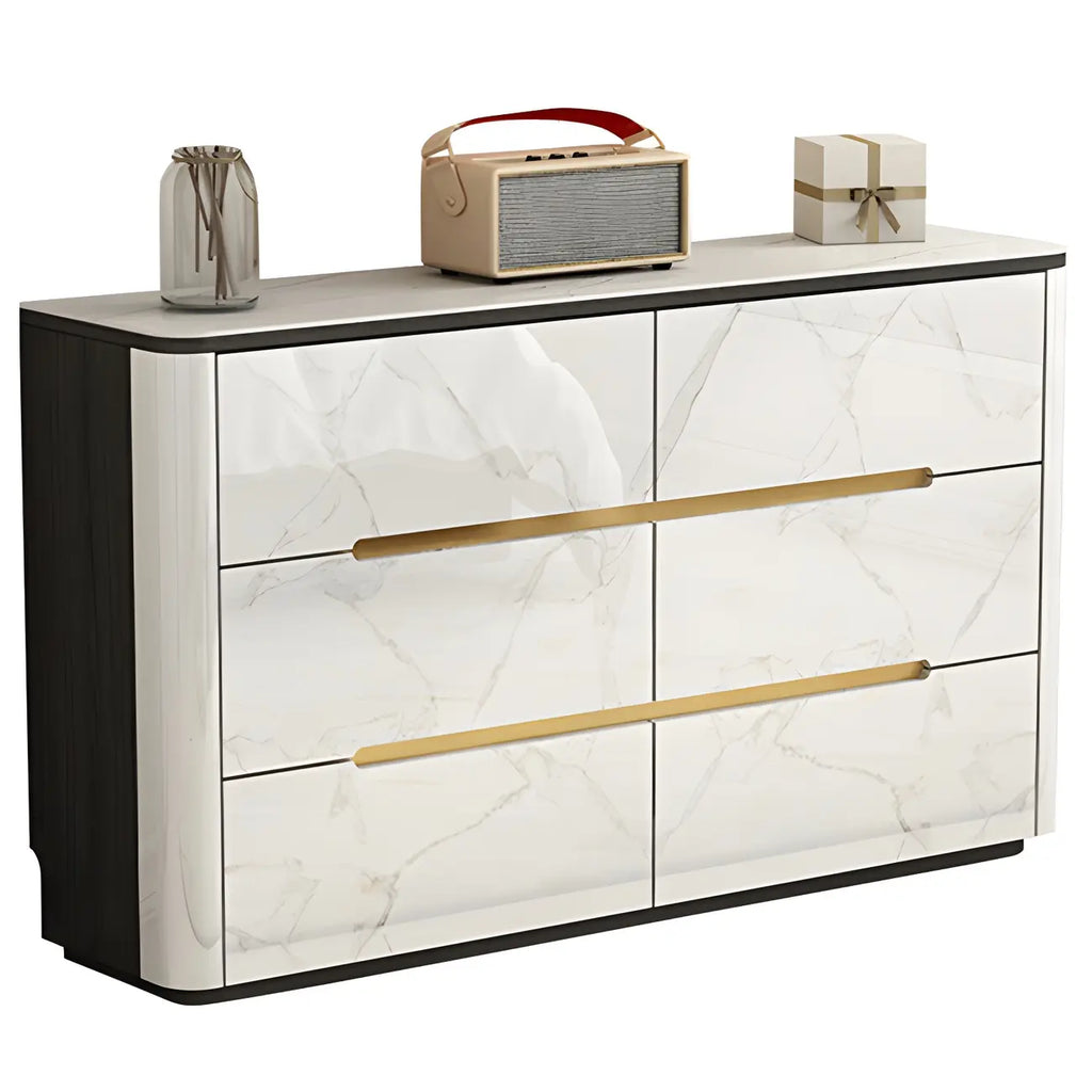 Stylish Mirrored Double Dresser with Stone Top & Metal Legs