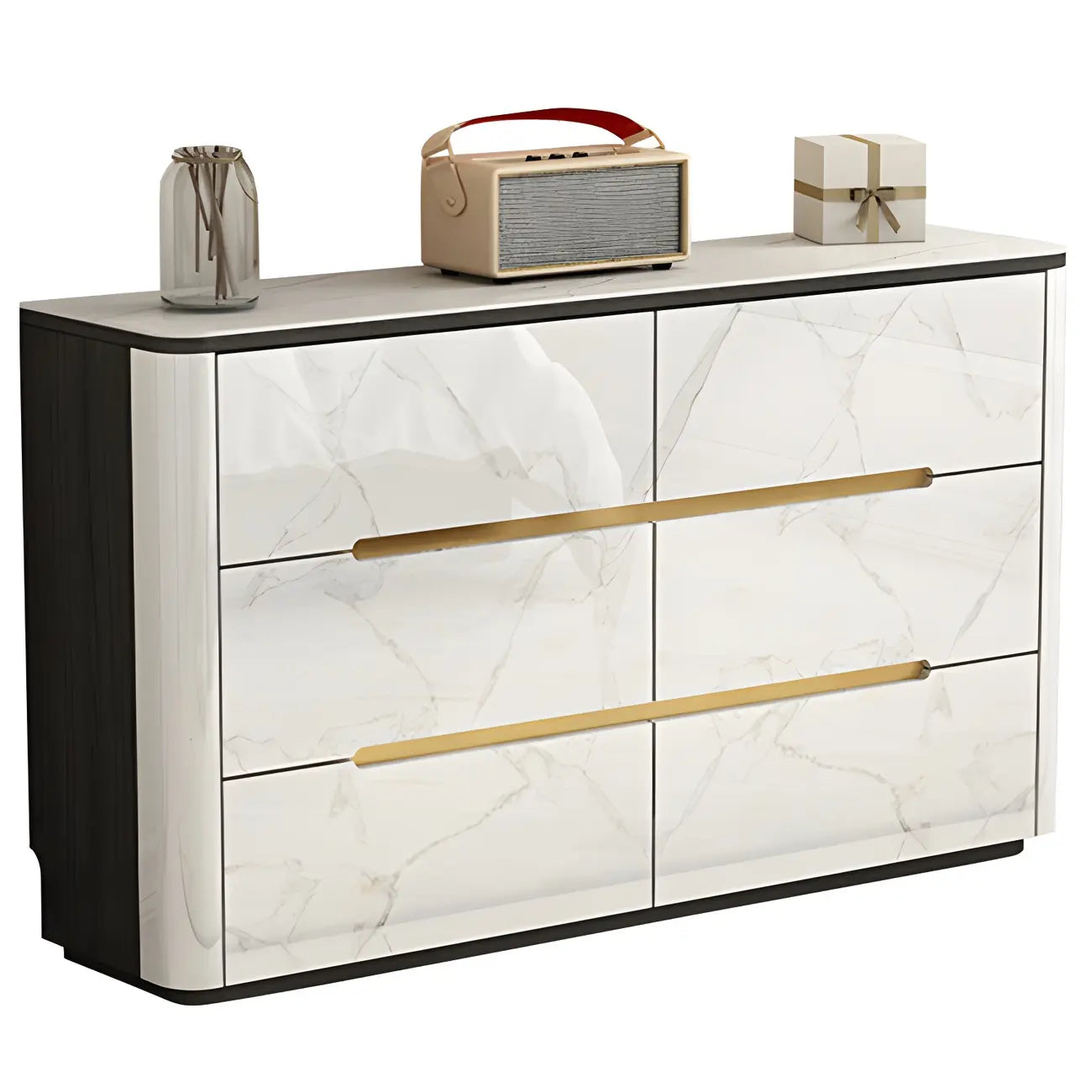 Stylish Mirrored Double Dresser with Stone Top & Metal Legs