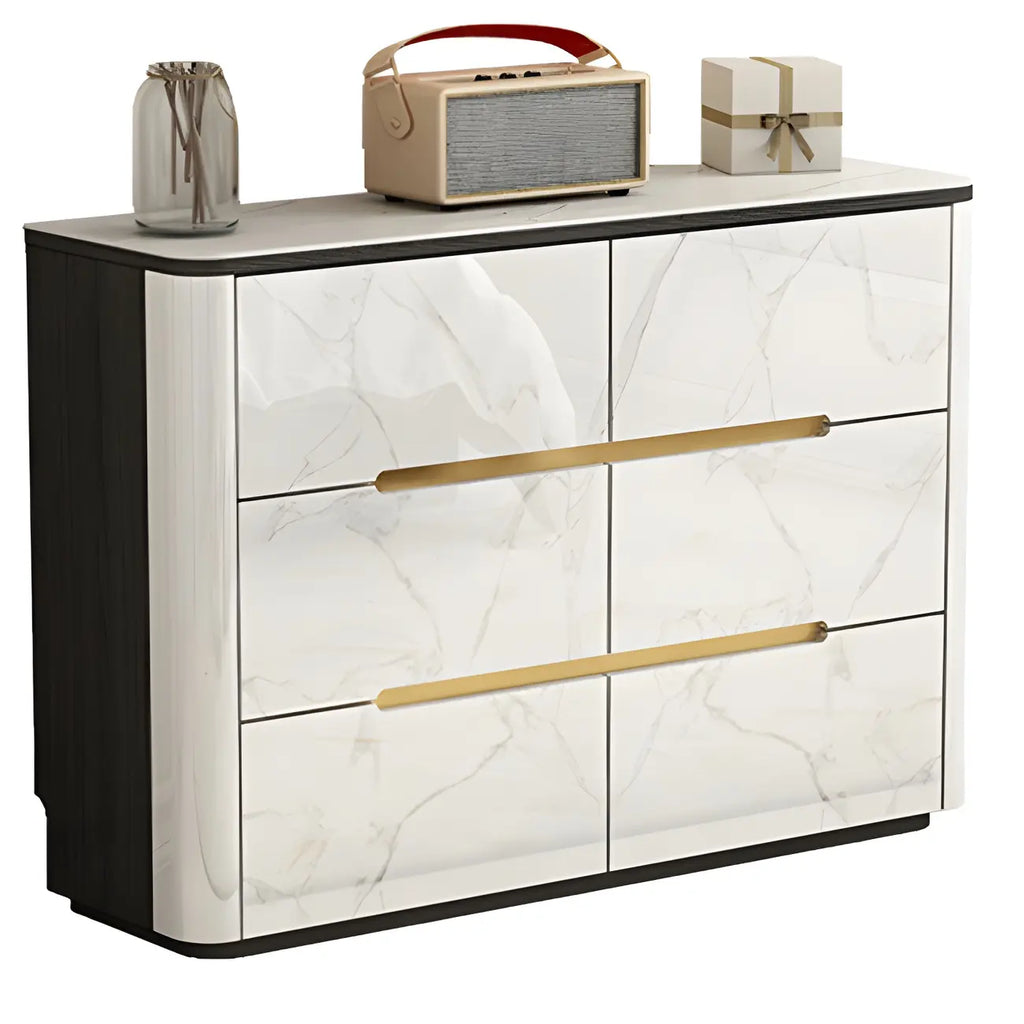 Stylish Mirrored Double Dresser with Stone Top & Metal Legs