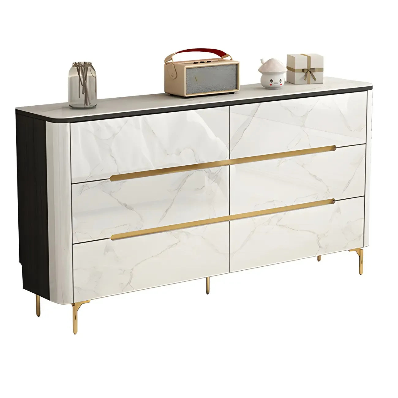 Stylish Mirrored Double Dresser with Stone Top & Metal Legs