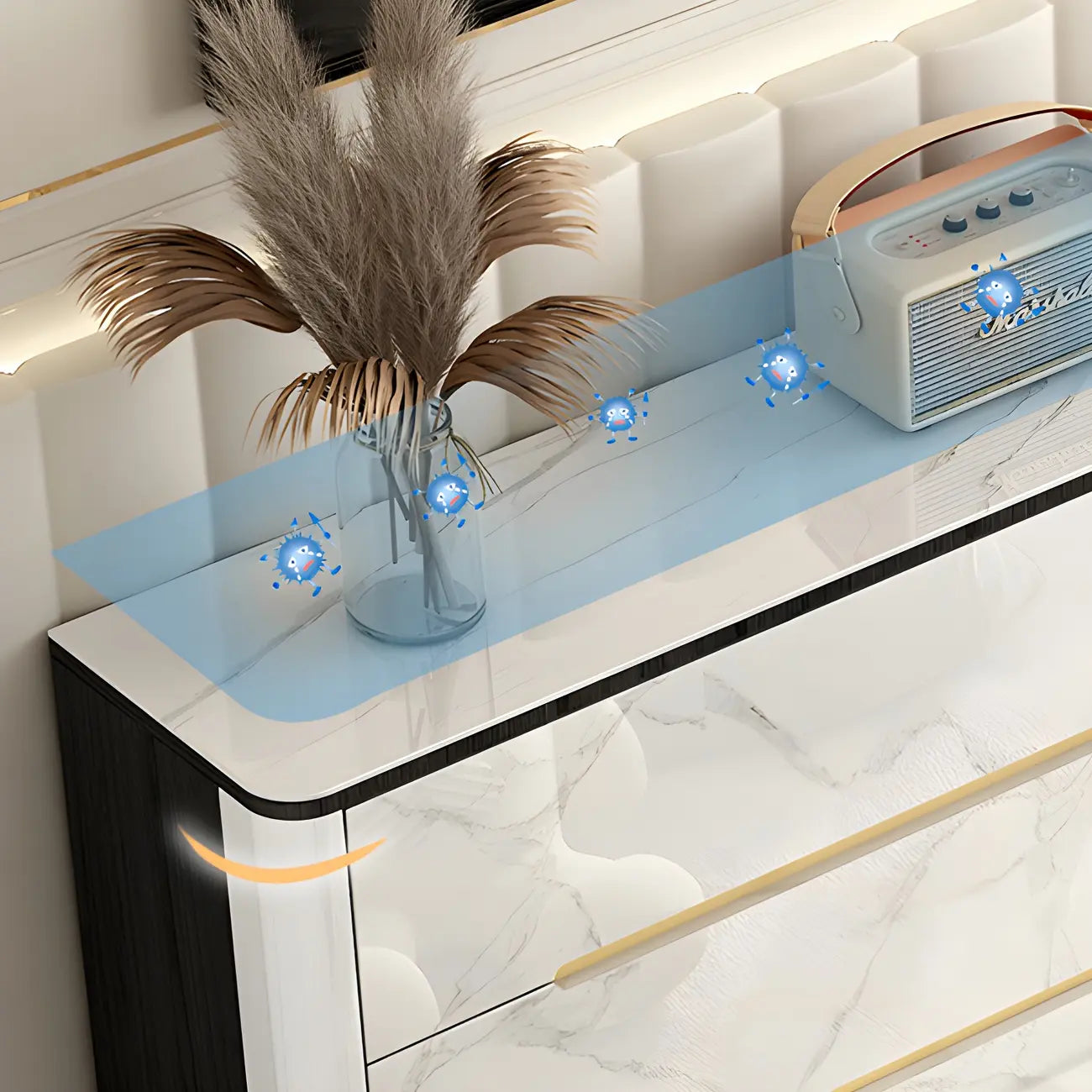 Stylish Mirrored Double Dresser with Stone Top & Metal Legs