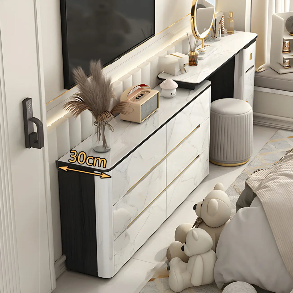 Stylish Mirrored Double Dresser with Stone Top & Metal Legs