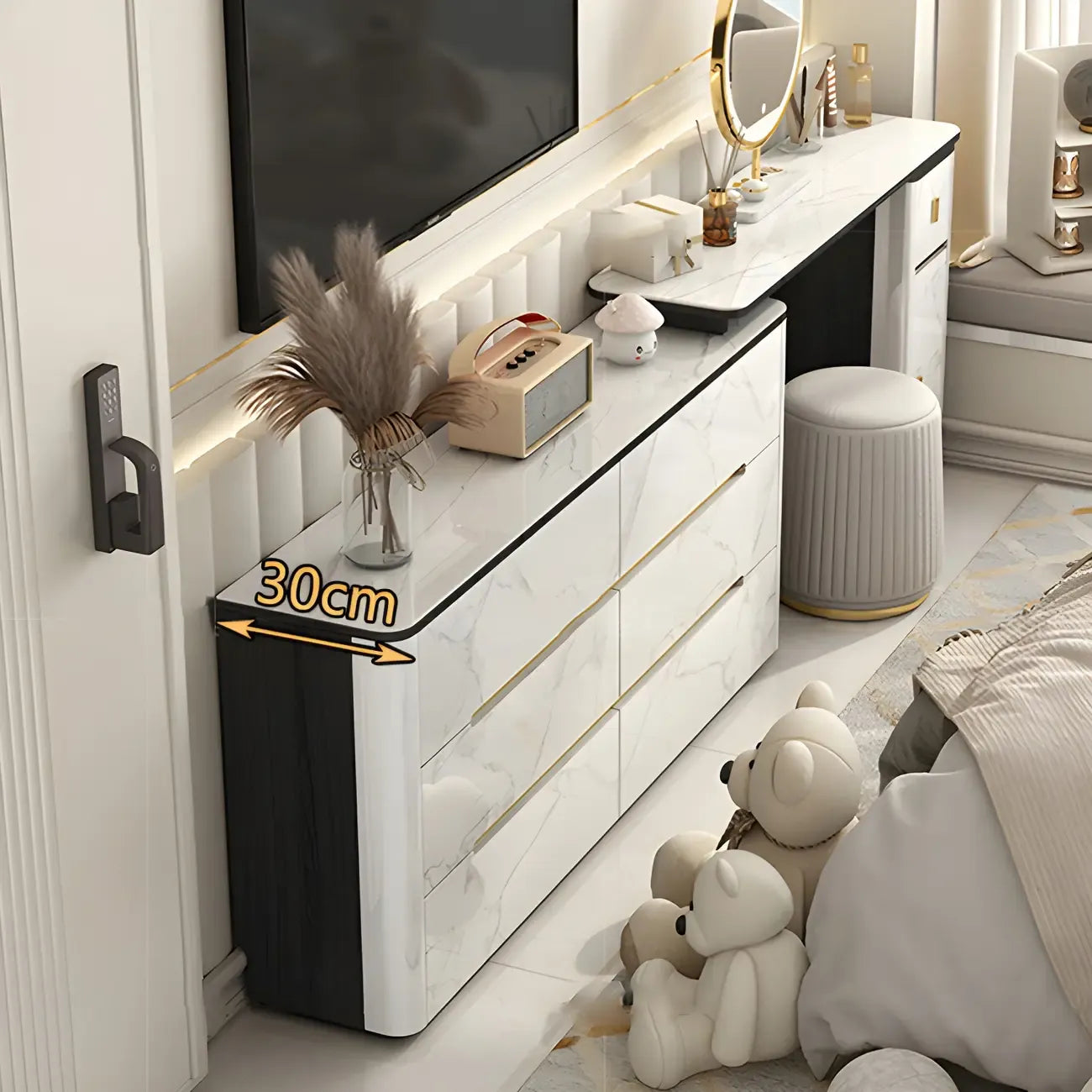 Stylish Mirrored Double Dresser with Stone Top & Metal Legs