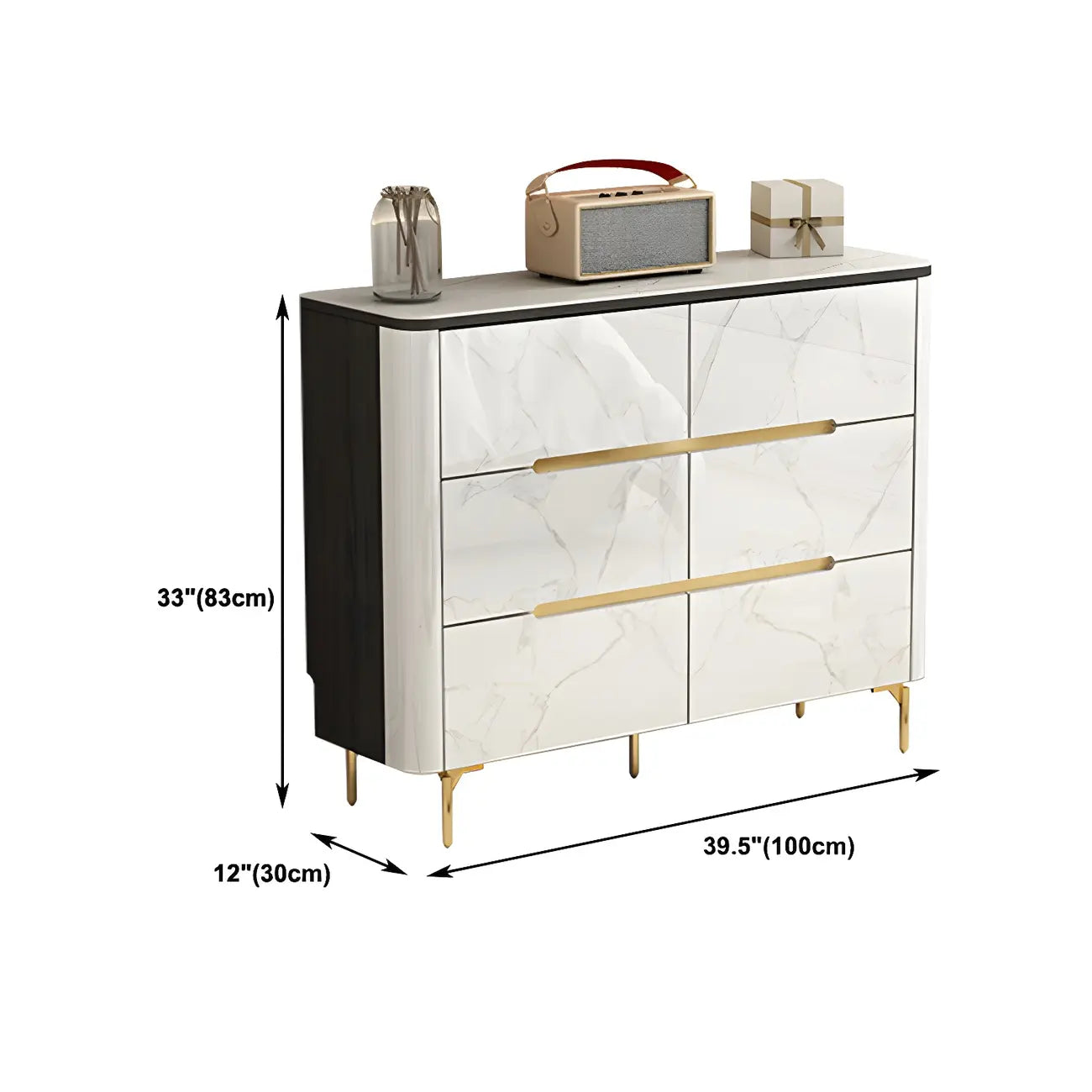 Stylish Mirrored Double Dresser with Stone Top & Metal Legs