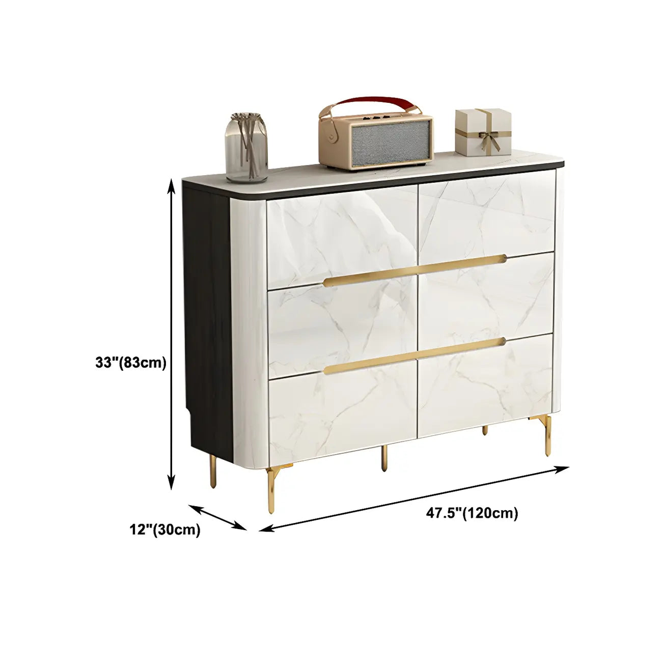 Stylish Mirrored Double Dresser with Stone Top & Metal Legs