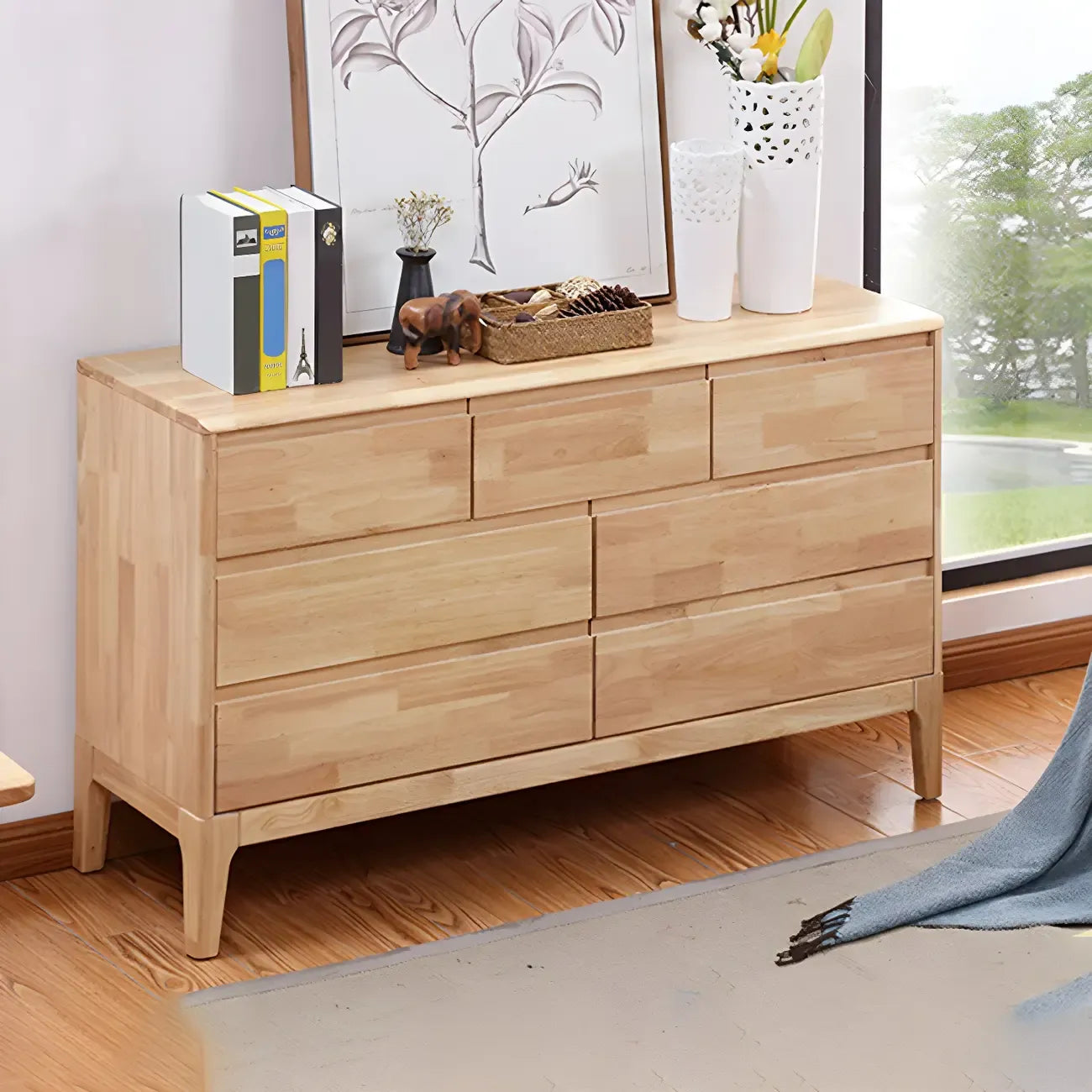 Simple Natural Rubberwood Low Multi-Drawer Dresser