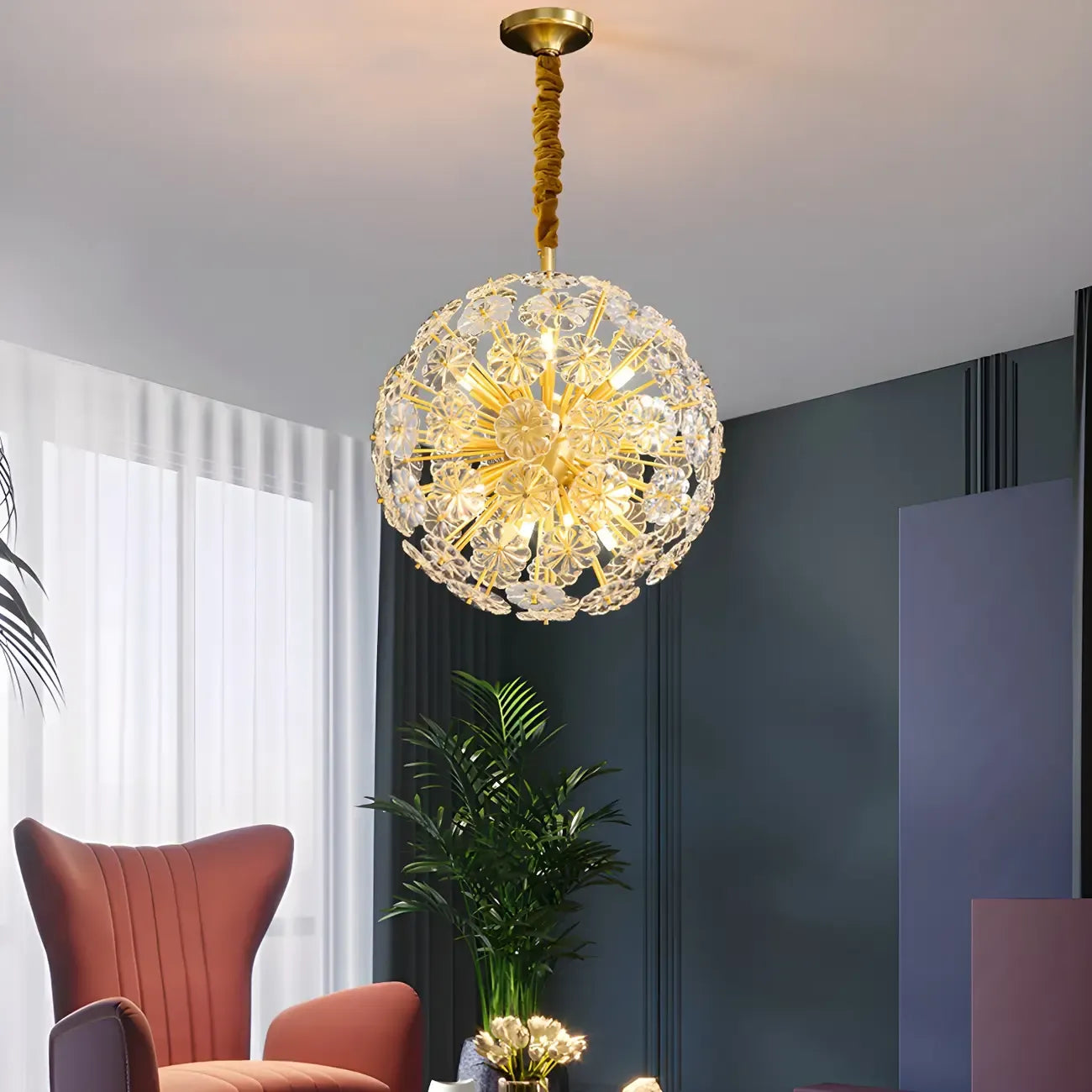Modern Gold Spherical Glass Floral Sputnik Chandelier