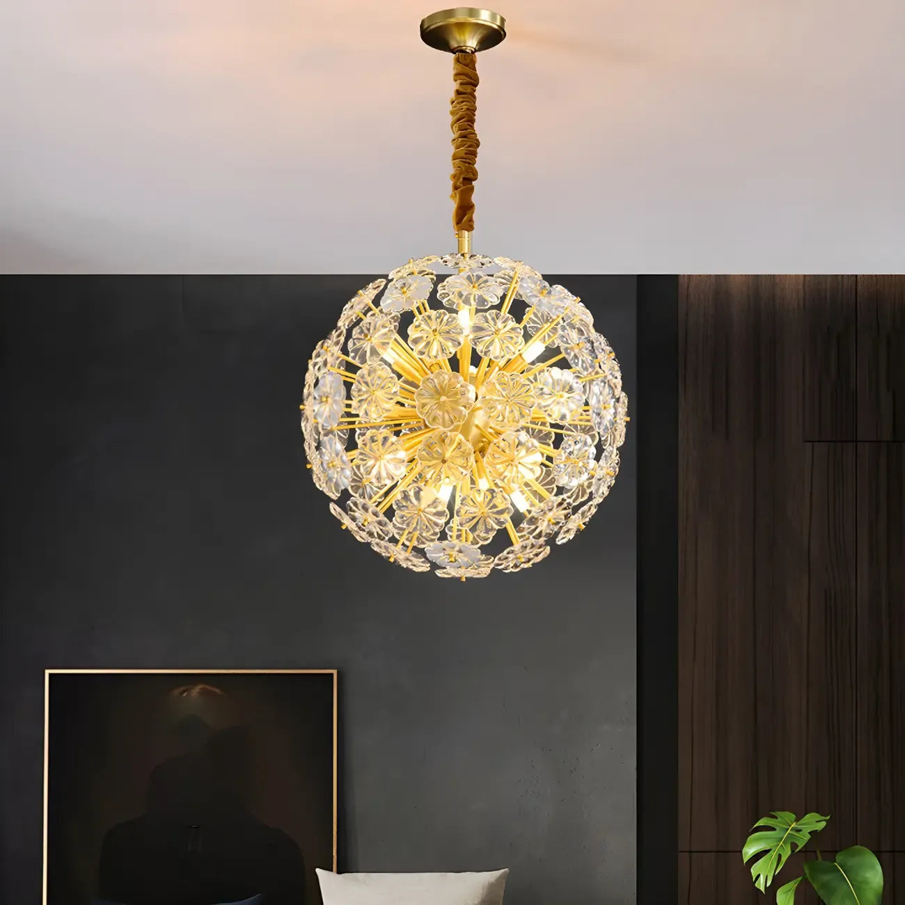 Modern Gold Spherical Glass Floral Sputnik Chandelier
