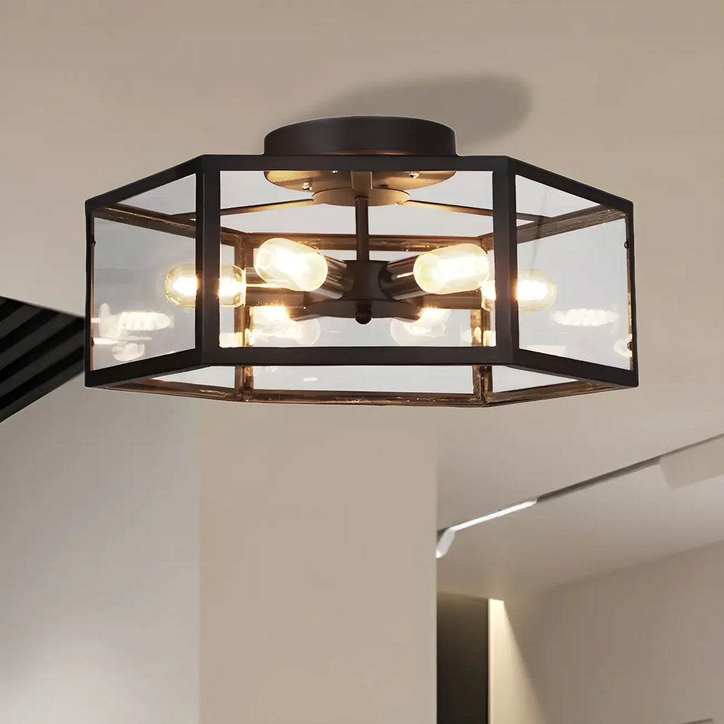 Industrial Black Hexagon Metal Semi Flush Ceiling Light