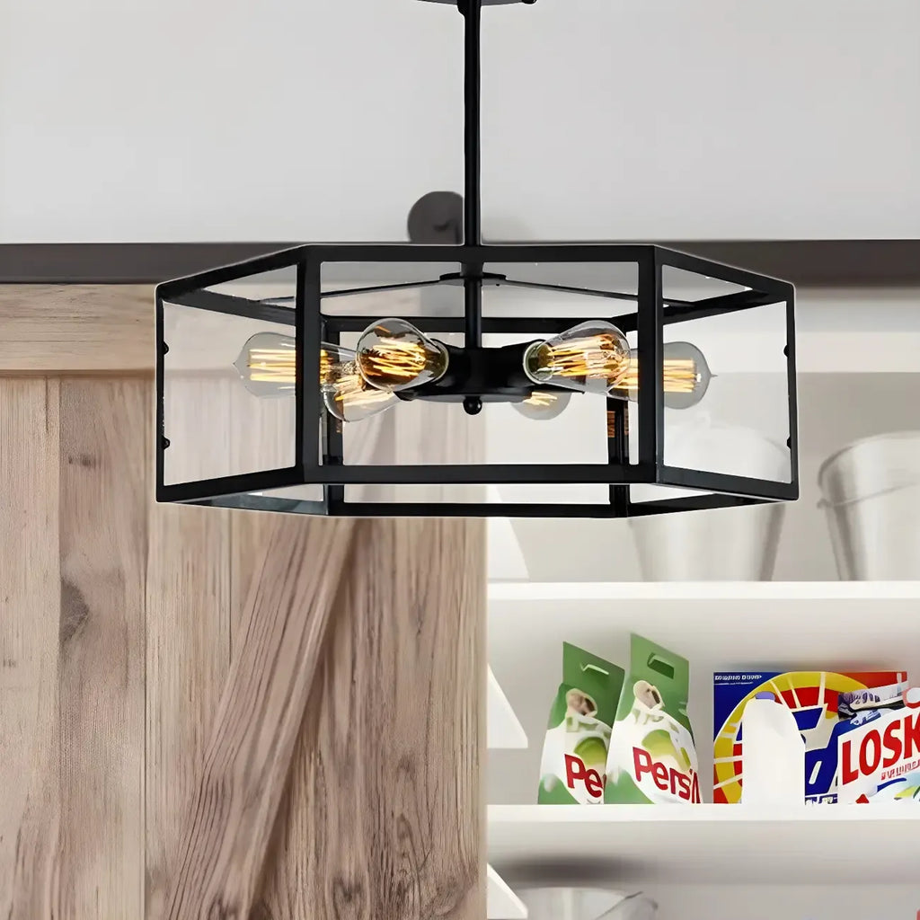 Industrial Black Hexagon Metal Semi Flush Ceiling Light