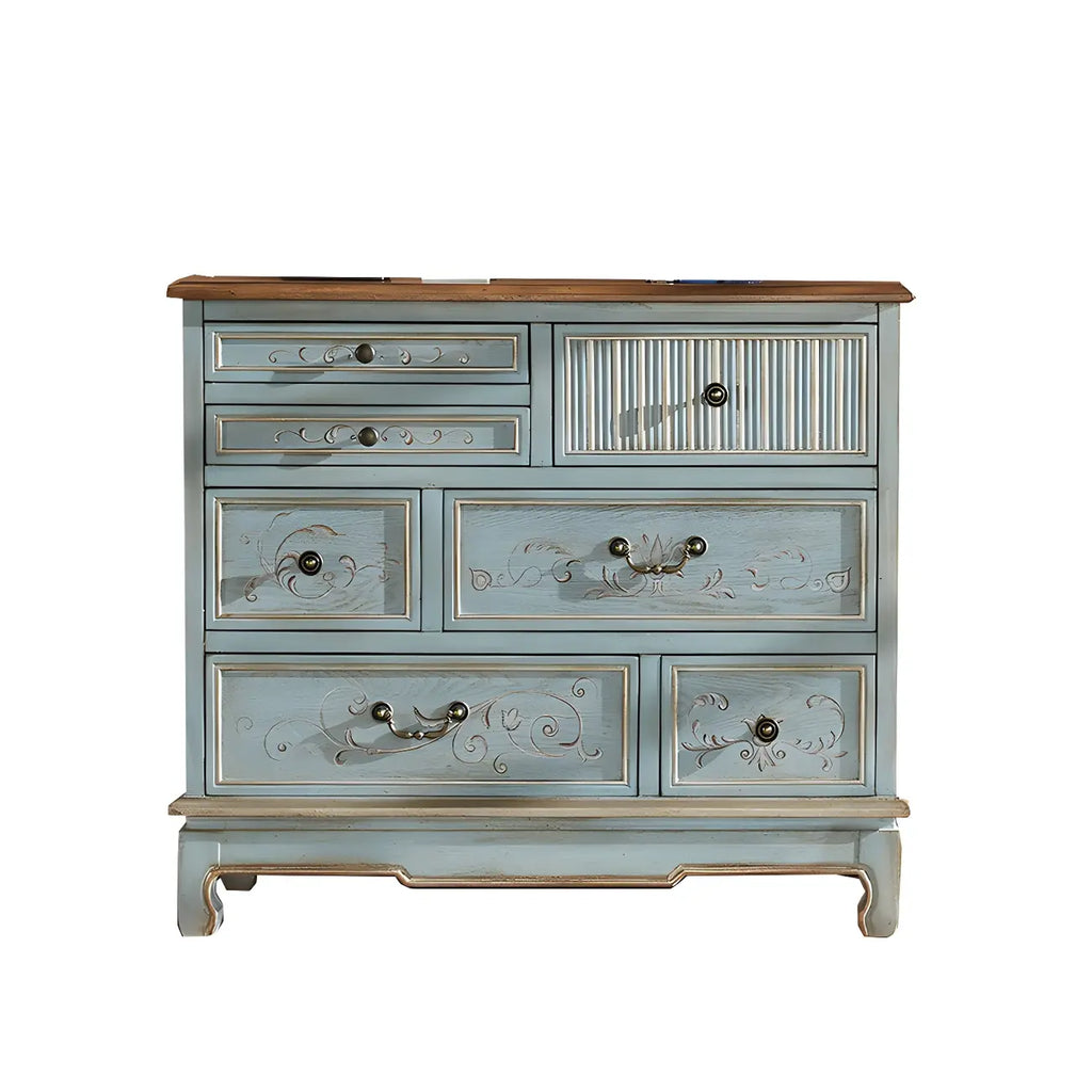 Solid Wood Retro Blue Dresser with Drawers & Metal Handle