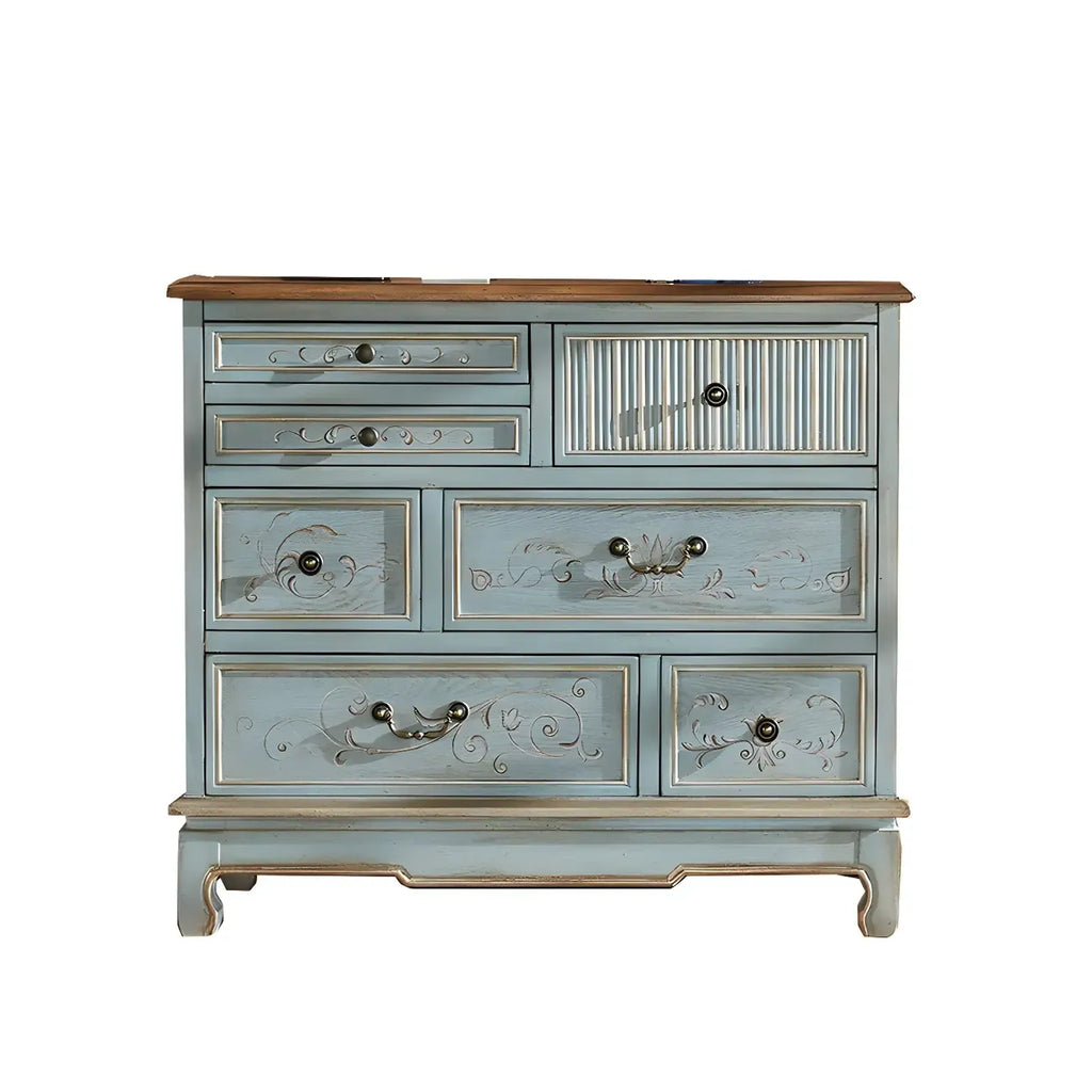 Solid Wood Retro Blue Dresser with Drawers & Metal Handle