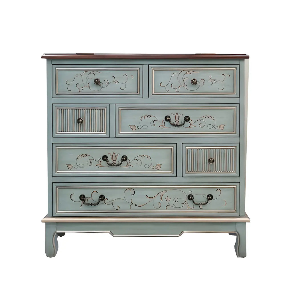 Solid Wood Retro Blue Dresser with Drawers & Metal Handle