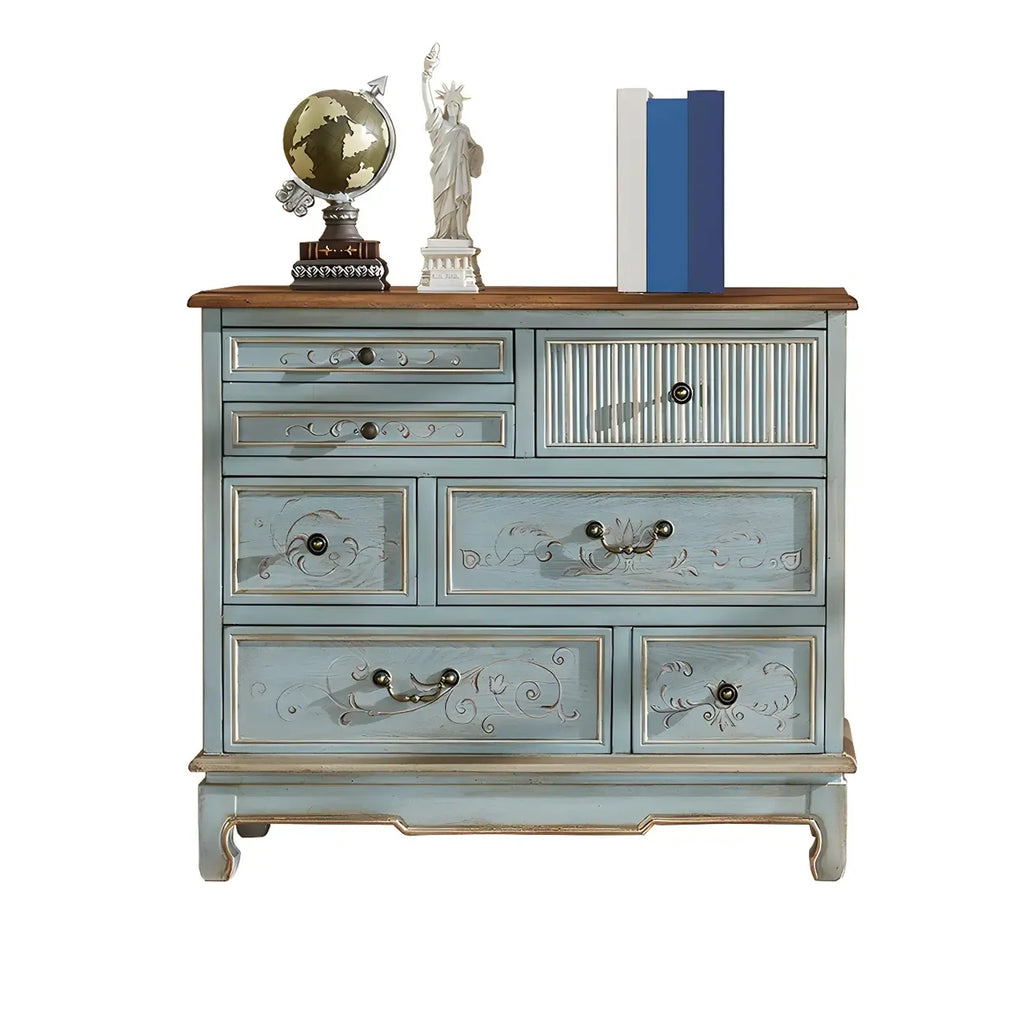 Solid Wood Retro Blue Dresser with Drawers & Metal Handle
