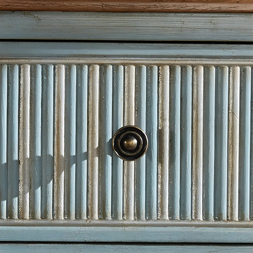 Solid Wood Retro Blue Dresser with Drawers & Metal Handle