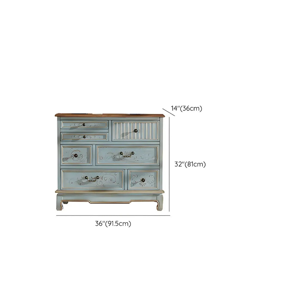 Solid Wood Retro Blue Dresser with Drawers & Metal Handle