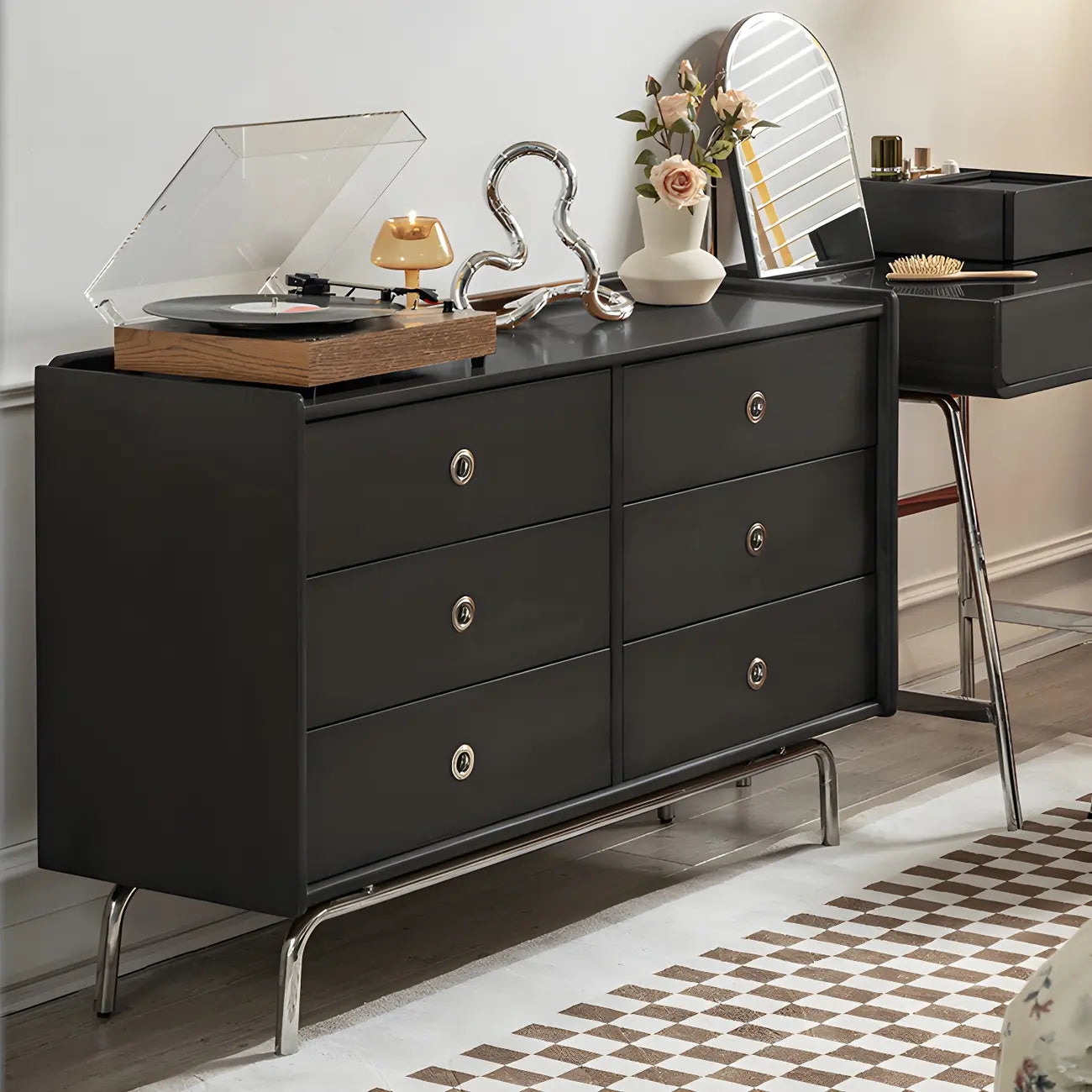Stylish Pine Wooden Black Double Dresser