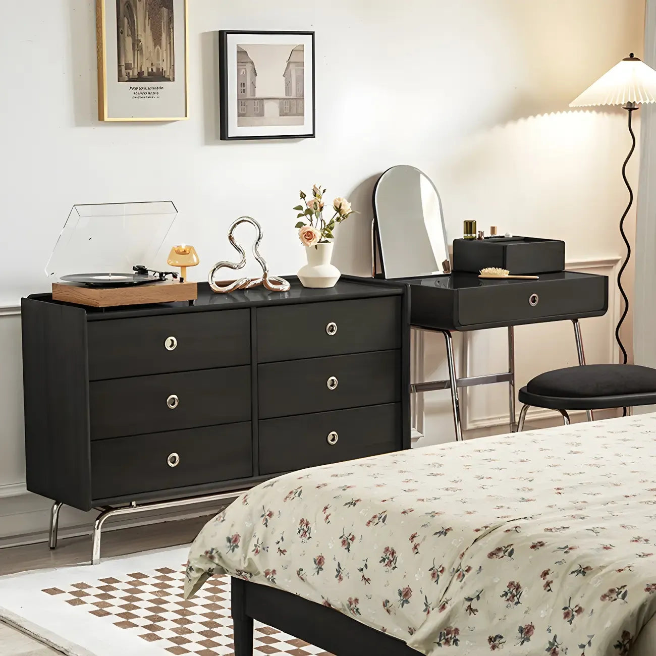 Stylish Pine Wooden Black Double Dresser