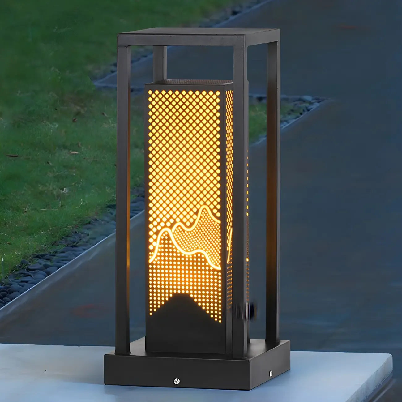 Black Metal Grid Wired Rectangle Post Cap Light