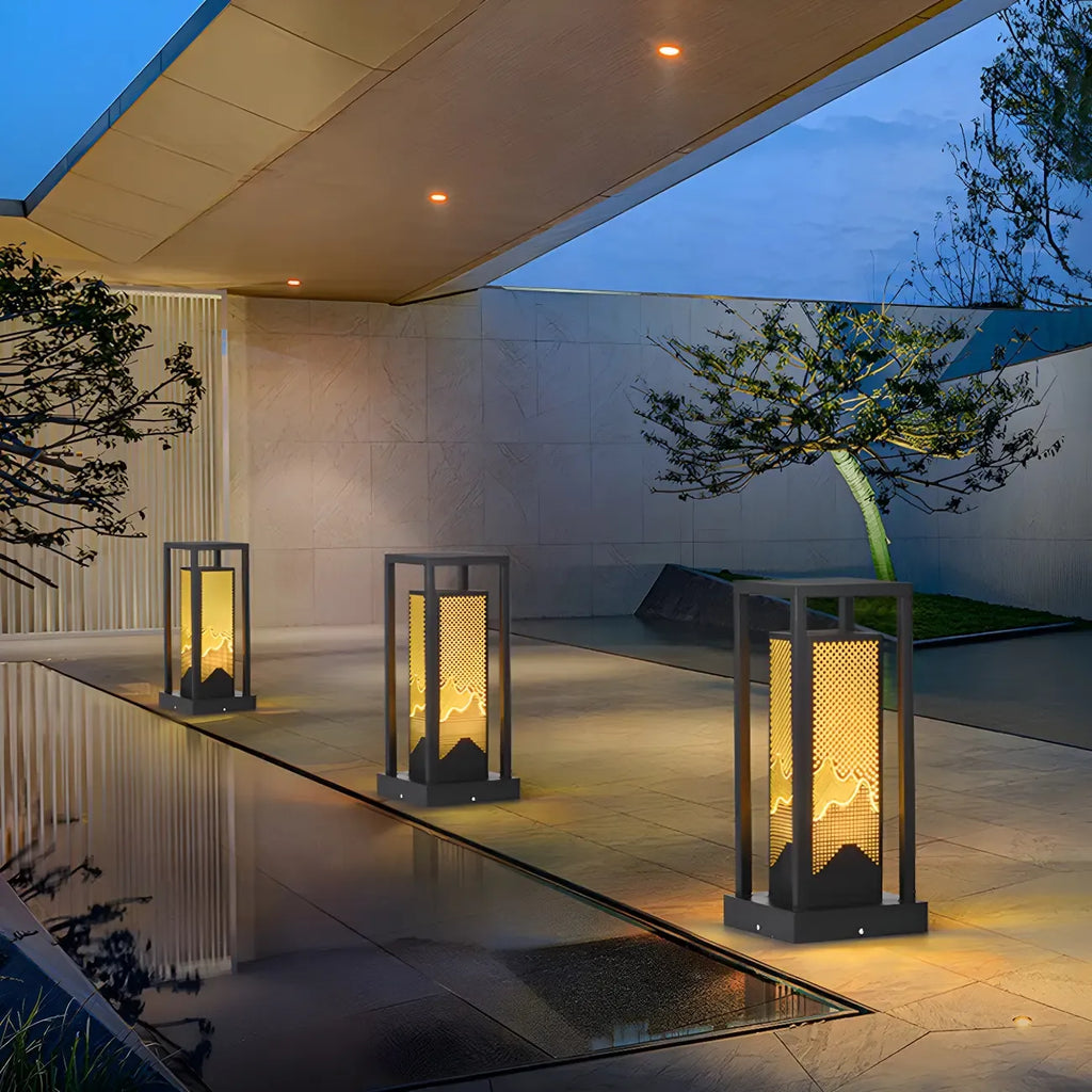 Black Metal Grid Wired Rectangle Post Cap Light