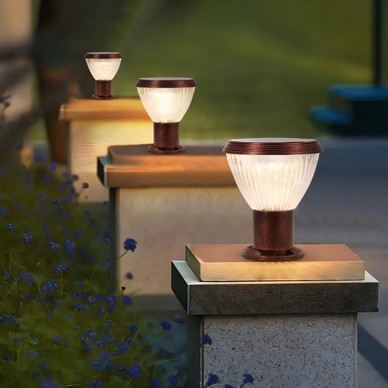 Solar Metal Cone Clear Shade Outdoor Post Lights