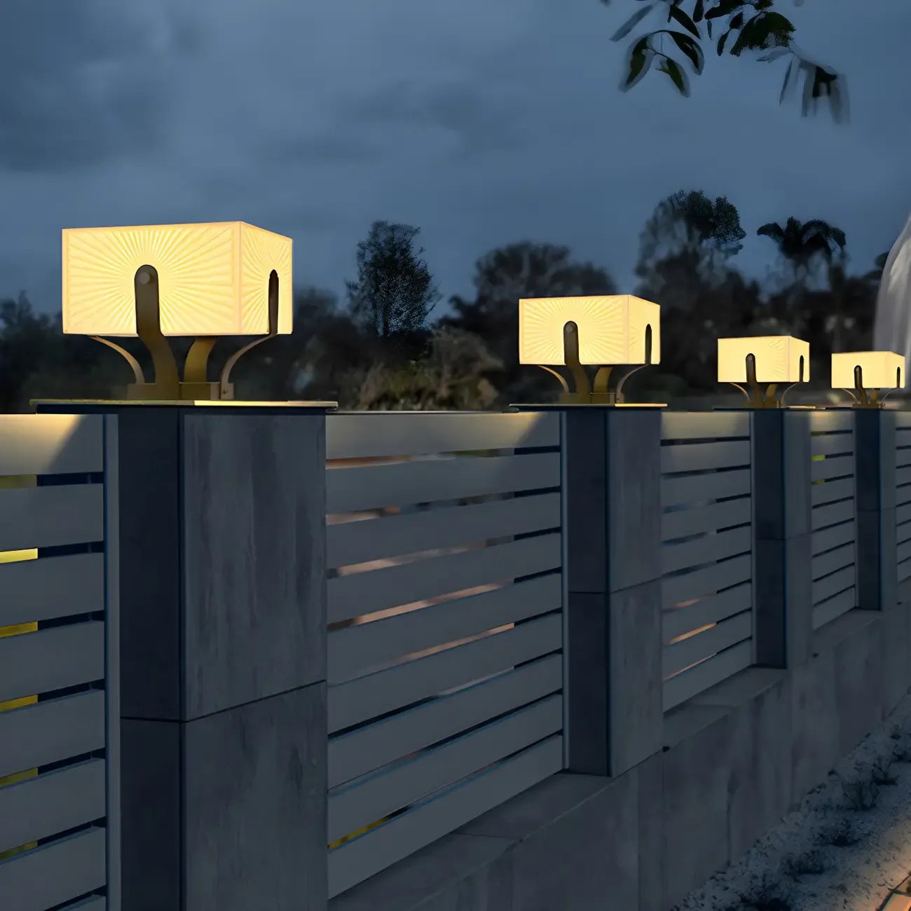 Black Elegant Bracket Post Cap Light with Beige Cubic Shade