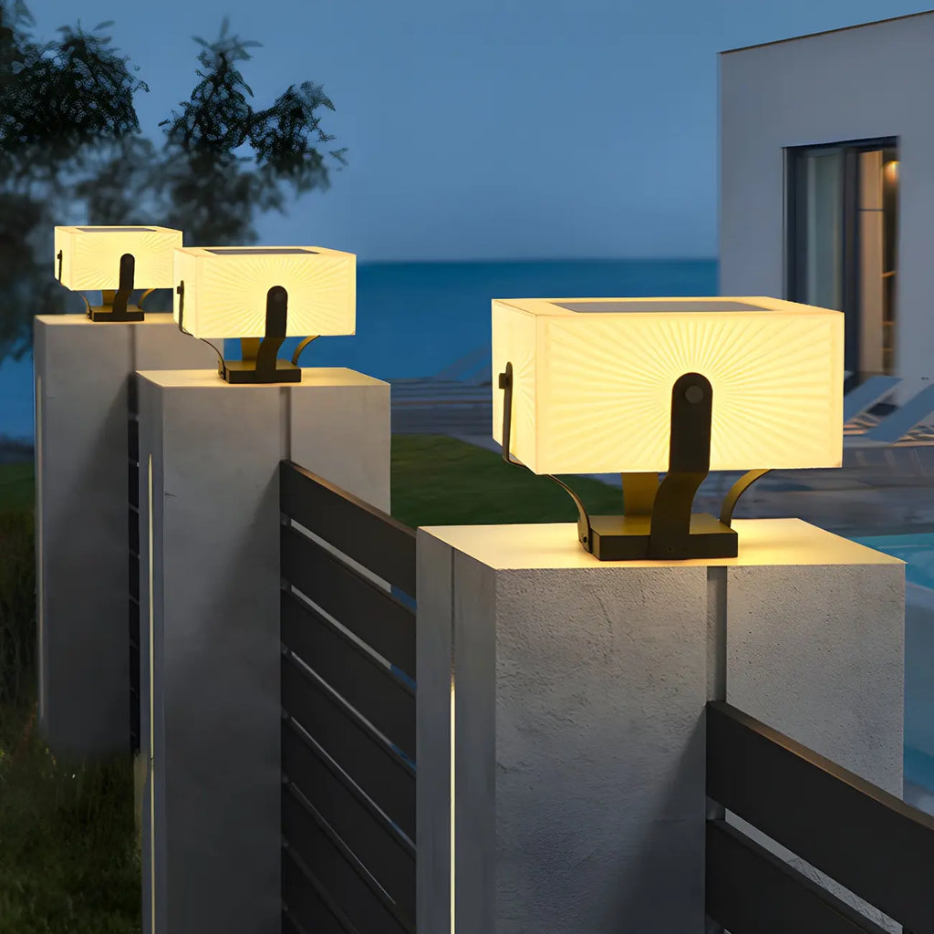 Black Elegant Bracket Post Cap Light with Beige Cubic Shade