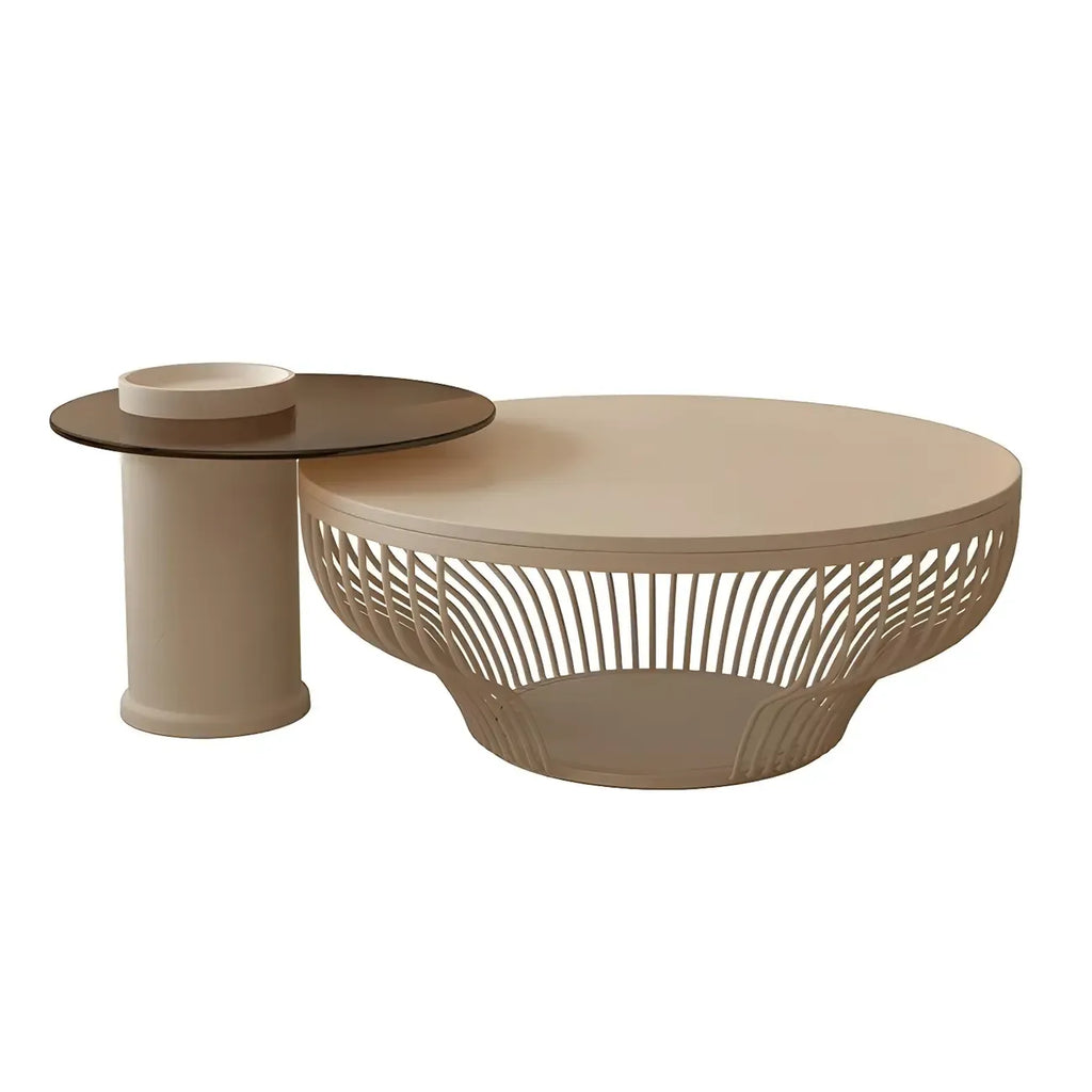 White Round Modern Wood Coffee Table with Storage Base