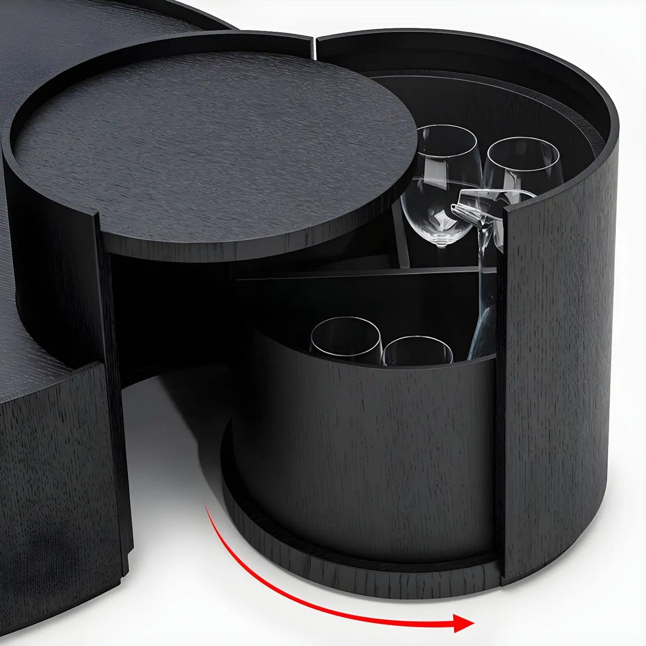 Black Round Modern Nesting Wood Coffee Table with Storage