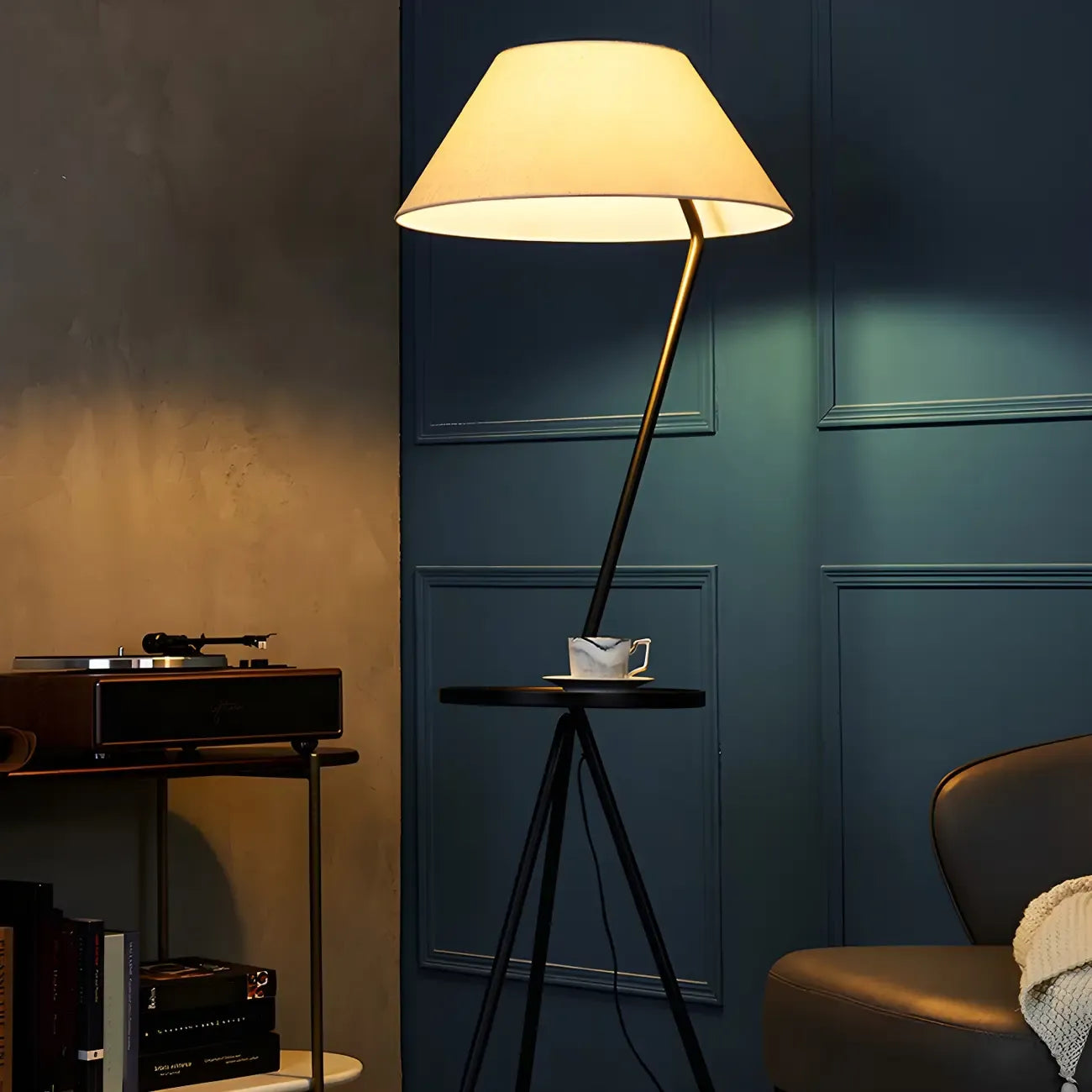 Black Metal Modern Tripod Floor Lamp with Coffee Table