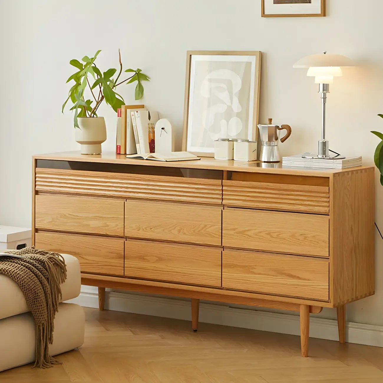 Scandinavian Natural Light Wood Dresser with 8-Drawers